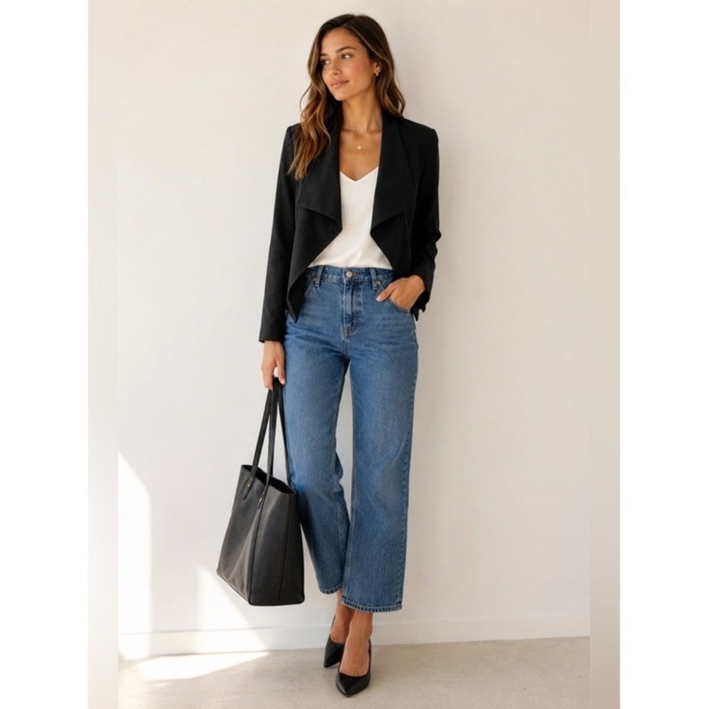 Krisa Vegan Leather Back Draped Jacket Women Medium Black Minimalist Edgy Chic